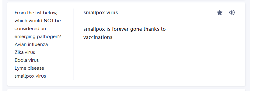 <p>Emerging infectious diseases (EIDs) are diseases that are new or changing and are either increasing in incidence or have the potential to increase in the near future</p><p>list of emerging infectious diseases:</p><ul><li><p>Covid&nbsp;</p></li><li><p>Monkeypox&nbsp;</p></li><li><p>Zika virus&nbsp;</p></li><li><p>Influenza&nbsp;</p></li><li><p>Antibiotic resistant infections&nbsp;</p></li><li><p>Ebola&nbsp;</p></li><li><p>Marburg virus&nbsp;</p></li></ul><p>Pretty sure the answer on the exam when this question came up was polio (cuz everyone’s been vaccinated)</p>