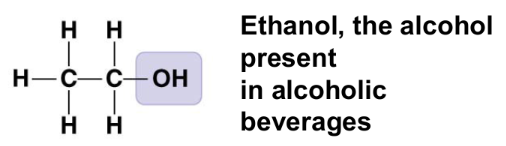 <ul><li><p>polar due to electronegative oxygen</p></li><li><p>forms hydrogen bonds with water</p></li><li><p>compound name: alcohol</p></li></ul><p></p>