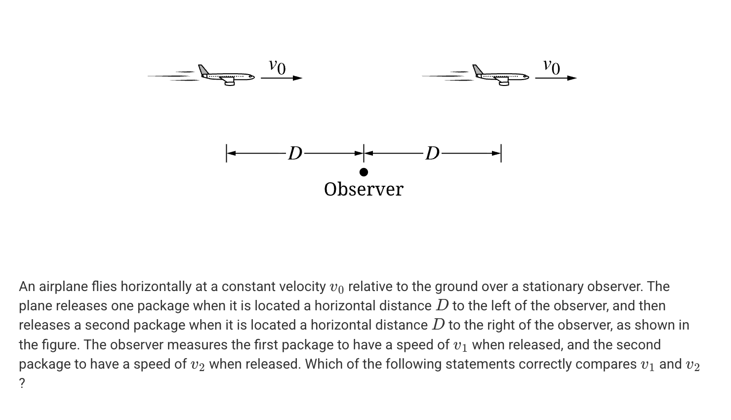 <p>A. v<sub>1</sub> = v<sub>2</sub> = 0</p><p>B. v<sub>1</sub> = v<sub>2</sub> > 0</p><p>C. v<sub>1</sub> < v<sub>2</sub></p><p>D. v<sub>1</sub> > v<sub>2</sub></p>