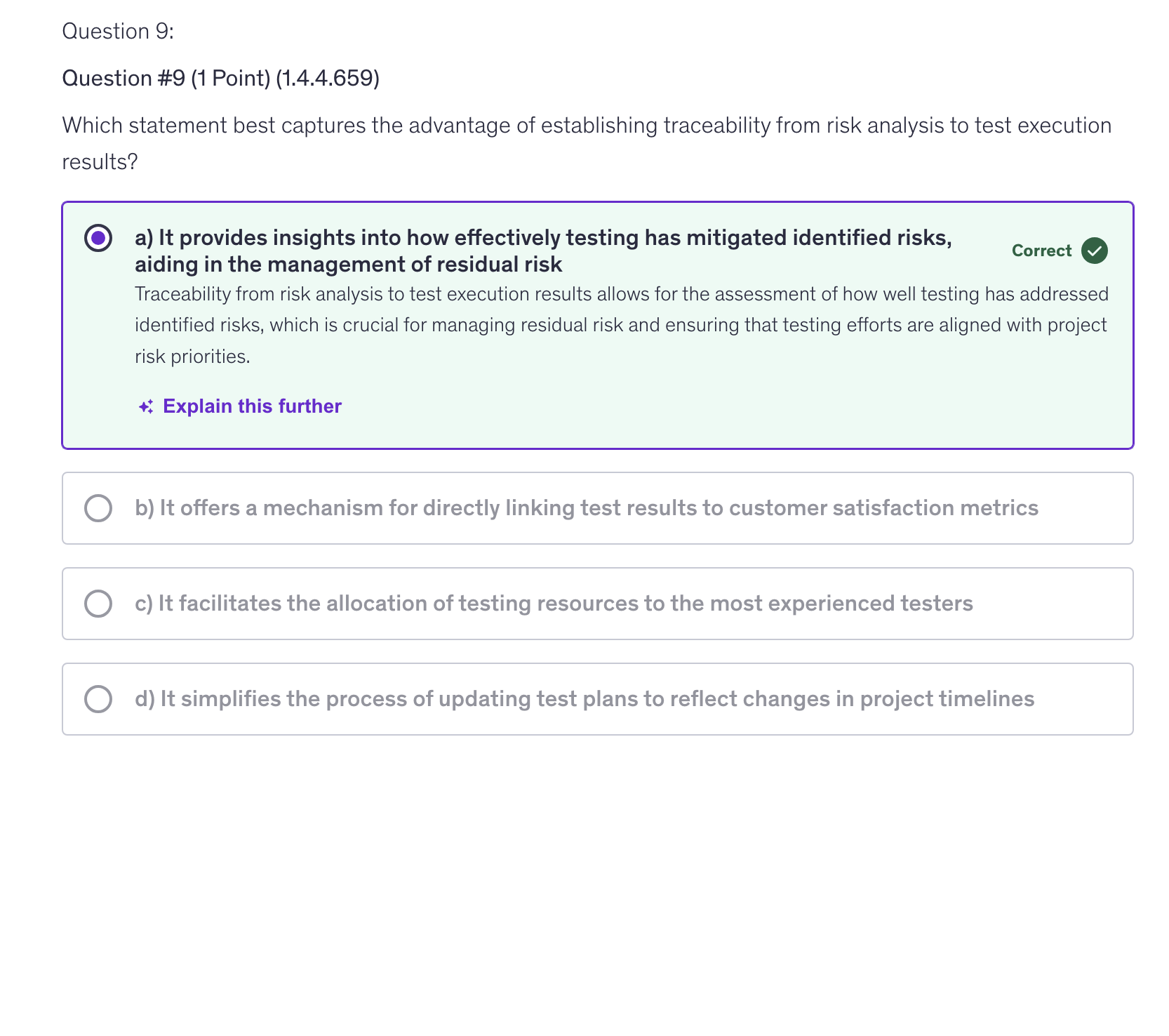 <p>a) It provides insights into how effectively testing has mitigated identified risks, aiding in the management of residual risk</p>