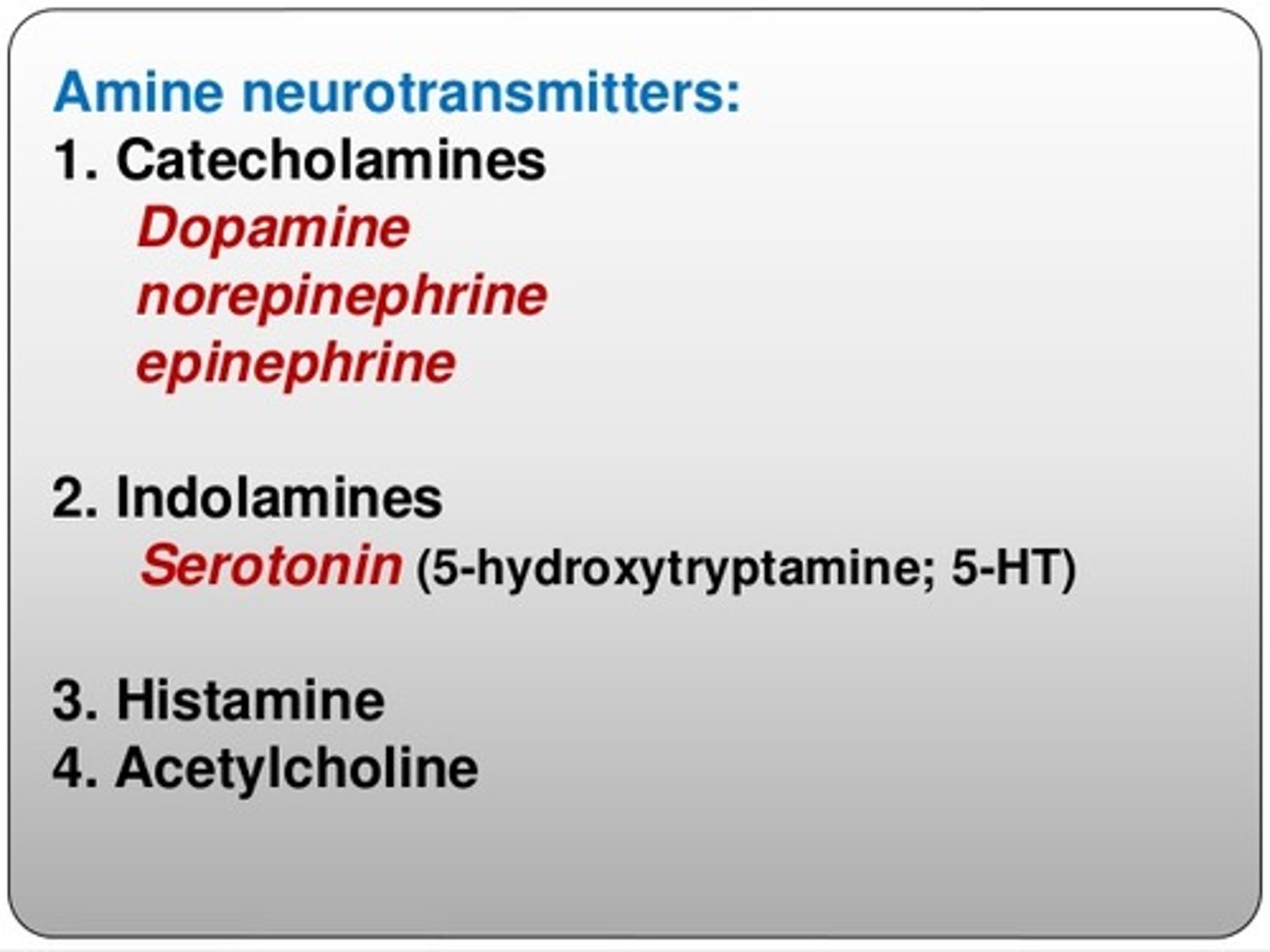 <p>(B) Glycine</p><p>While glycine is a type of amino acid neurotransmitter, is not a type of monoamine neurotransmitter. Dopamine is another monoamine neurotransmitter.</p>