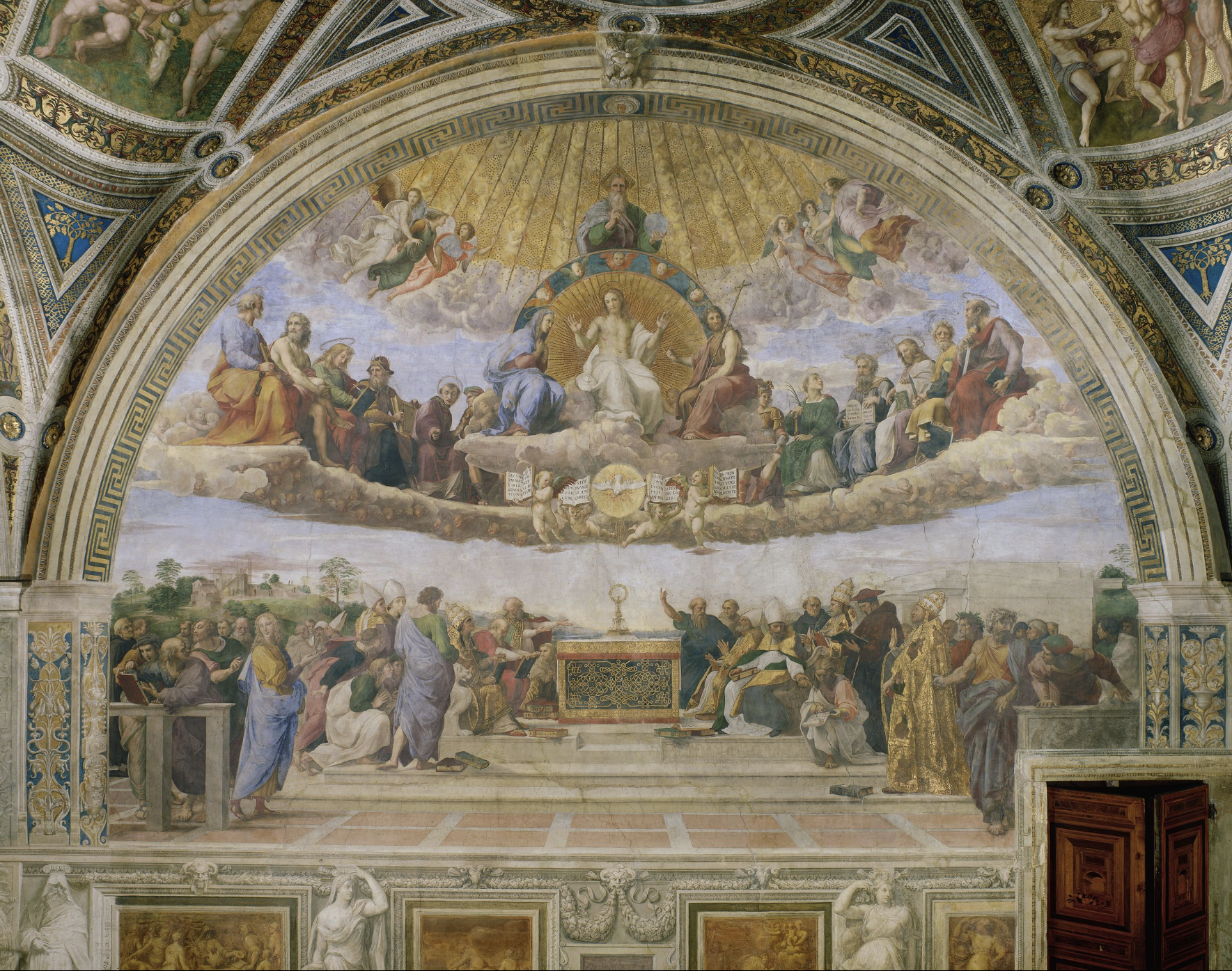 <p>Pope Cesear’s personal library, he allowed the sale of indulgences where people could pay money to go straight to heaven. Fresco technique was used throughout this room to create the paintings. Vanishing point is an object located on the altar, a wafer meant to be turned into the body of Christ. Christ is at the top with the Virgin Mary on the left, figures on the clouds include disciples and figures from the old testament mixed together. Below this, four angels are holding up pages of the new testament. Raphael sketched every figure nude before painting clothes on to ensure anatomy was correct.&nbsp;</p>