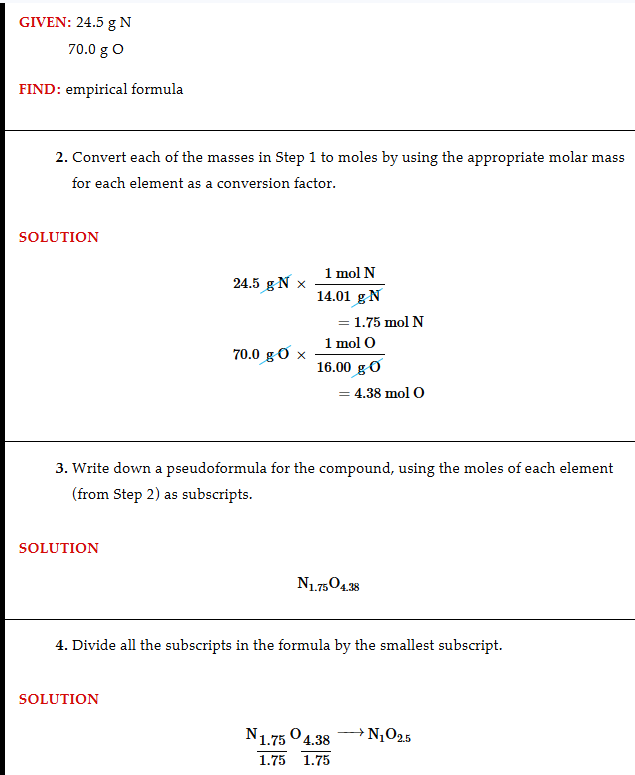 <p>Change the grams to mols then shove them together, divide the mols of the compound by the mols of the smallest element, then multiply by the table of decimals to get a whole number (here it would be 2 resulting in N205, also try rounding to get 2 or 3 decimal places when getting the mols)</p>