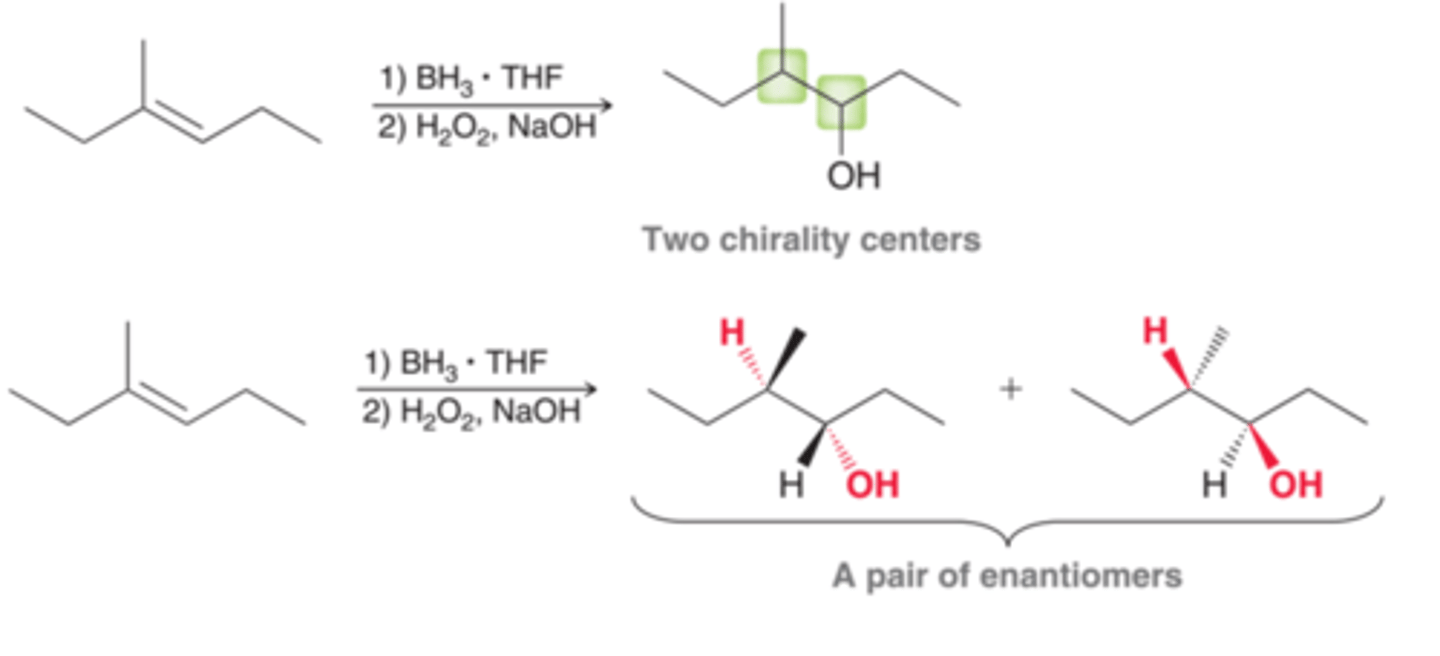 <p>Now consider a case in which two chirality centers are formed(1st example in image). In such a case, the requirement for syn addition determines which pair of enantiomers is obtained(2nd example in image). The other two possible stereoisomers are not obtained</p>