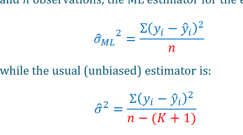 <p>ML is not very good in estiamting variances</p><p>For instance, in linear regression with explanatory variables x1…xk, and n observations, the ML estiamtor for the error variance is</p>