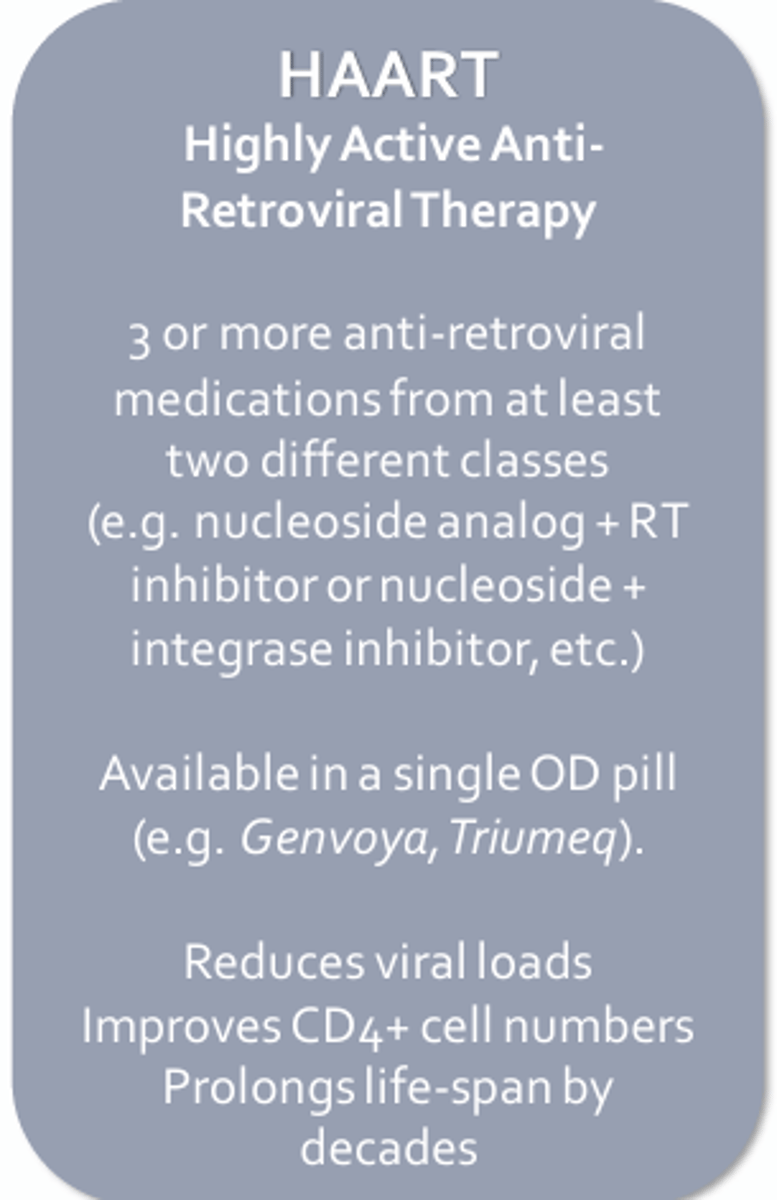 <p>- There is no cure, meds prolong patient life</p><p>5 Classes of antiretroviral medications:</p><p>1. Nucleoside/nucleotide analogs </p><p>2. Reverse transcriptase inhibitors</p><p>3. Protease inhibitors </p><p>4. Entry inhibitors </p><p>5. Integrase inhibitors</p>