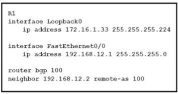 <p>Refer to exhibit. Which command do you enter so that R1 advertises the loopback0 interface to the BGP Peers?</p>