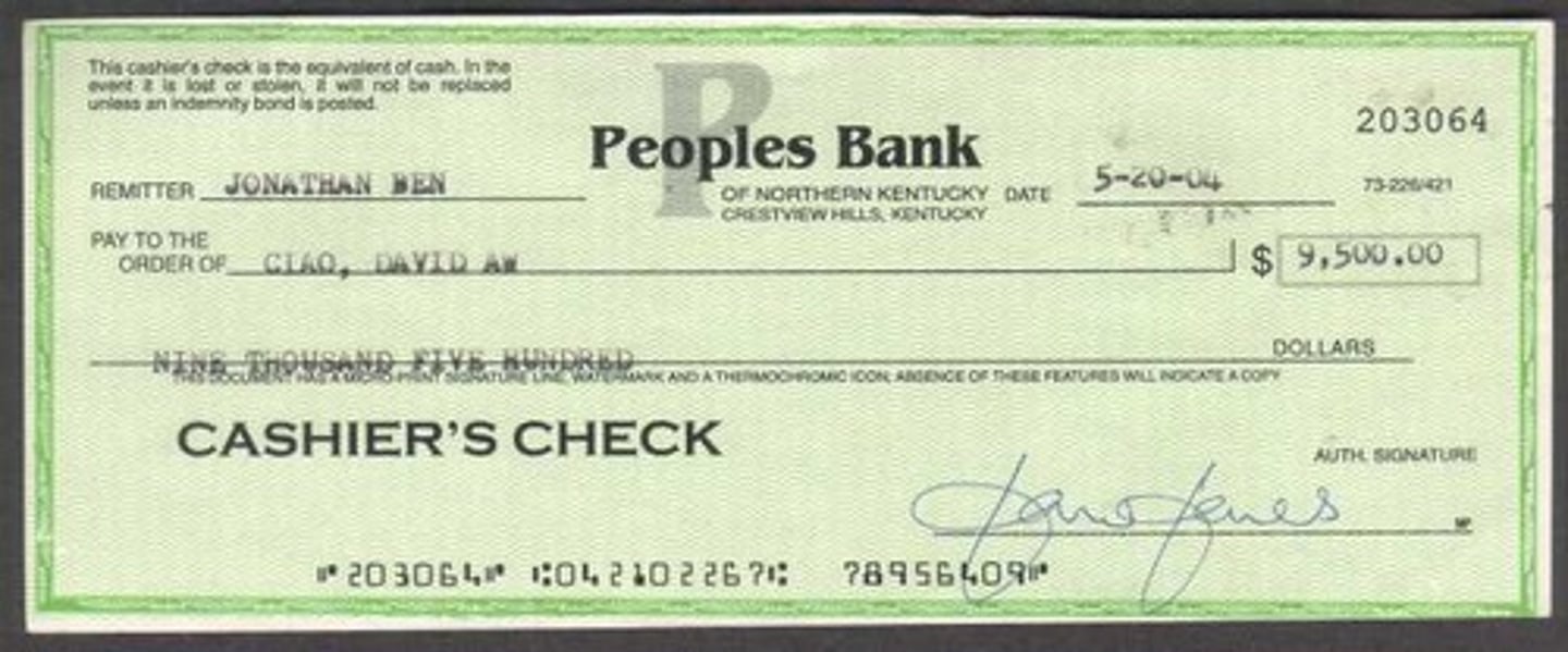 <p>A check issued by a bank and sold to you for personal payments to people who won't accept a personal check. It certifies that you have the money available.</p>