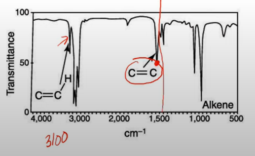 <ul><li><p>note the peaks between 1600-1850</p></li><li><p>to conform a C=C-H bond, there should be a small peak at 3100</p></li></ul>