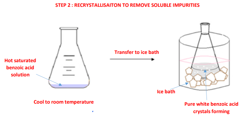 <p>➢ The saturated <strong>benzoic acid solution</strong> is allowed <strong>to cool to room temperature</strong> and then <strong>placed in an ice bath </strong>causing the dissolved <strong>benzoic acid crystals to recrystallise</strong> out of solution while soluble impurities remain in solution</p>