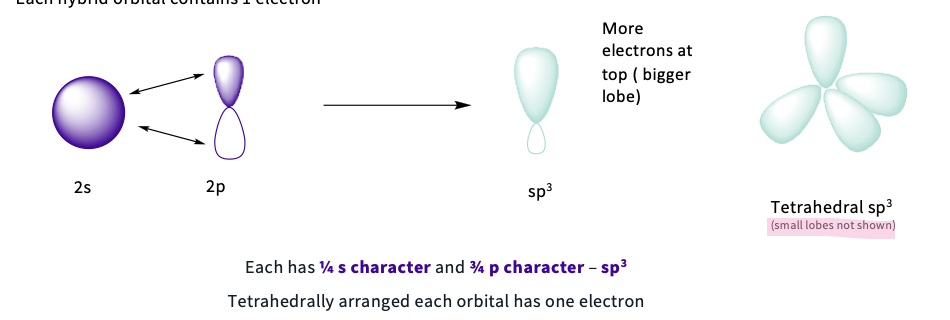 <p>when the 2s orbital combines with 3  x2p orbitals to give 4 hybridized orbitals </p><p>note- each has ¼ s character and ¾ p character - sp3 = tetrahedrally arranged </p>