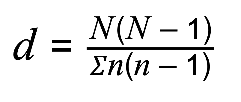 <p>The formula for the calculation of an index of diversity (<em>d</em>) is: <br>where <em><span>N </span></em><span>= total number of organisms of all species and </span><em><span>n </span></em><span>= total number of organisms of each species.</span></p>