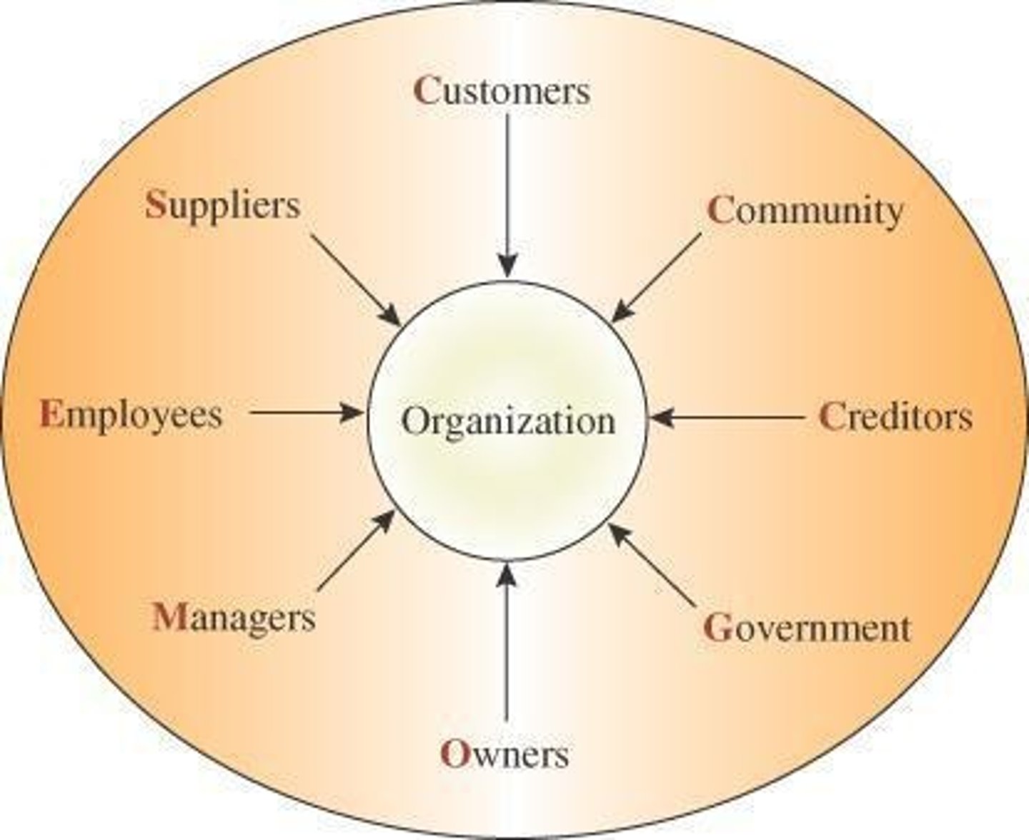 <p>Any group inside or outside the organization that has a stake in the organization's performance, including owners, managers, employees, customers, the community, creditors, and government.</p>