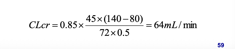 <ol><li><p>X can be taken with food as X has <strong>Large Vd (100L)</strong> which indicates that majority of X is NOT in the plasma compartment (or systemic circulation). under such circumstance a slight <strong>decrease in absorption rate </strong>but NOT in extent (Tmax shifts one hour) will have minimal effect in altering the plasma concentration-time profile hence the resulting treatment effect</p><ol><li><p>food impacts absorption rate by <strong>delaying gastric emptying</strong> meaning it takes longer for drug to move from stomach to small intestine where most drug absorption occurs</p></li><li><p>ok so its saying that b/c of food you’re going to have drug being absorbed at a <strong>slightly slower rate</strong> but since <strong>Vd is high</strong> it doesn’t matter b/c most of the drug will still enter the tissue aka the extent will be the same itll just be slower</p></li><li><p>X should NOT be given with milk to avoid chelation with metal ions in milk</p></li></ol></li><li><p>X is slightly bound to serum albumin only so it is unlikely for X to displace warfarin from binding site. X is hardly metabolized so it will NOT influence the metabolism of warfarin. however, warfarin has very narrow TI needs to be monitored closely. </p></li><li><p>X is minimally metabolized and slightly bound to plasma albumin so NO (liver does NOT need to metabolize it so don’t matter)</p><ol><li><p>influence of hepatic impairment on PK of X has NOT been evaluated. because greater than 90% of the dose is excreted in the urine as unchanged drug, hepatic impairment would NOT be expected to have a significant effect on X elimination</p></li></ol></li><li><p>look at image for calculation. NO, as calculated from equation, renal function of the patient is 64 mL/min which is only moderately impaired and NO dosage adjustment is recommended under such circumstance according to package insert</p></li></ol><p></p>