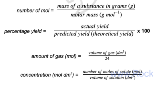 <p>n = m/Mr</p><p>n = V/24</p><p>C = n/V</p>
