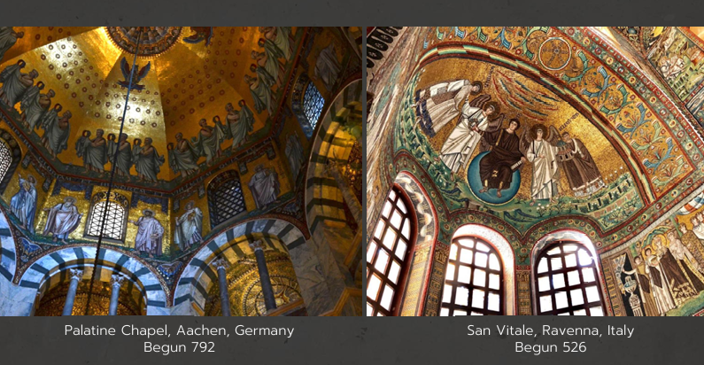 <p>Built by Charlemagne to be his residence, seat of his empire</p><p>Begun 792, Aachen, Germany</p><p>Floor plan/patterning resembles late Roman structures</p><p>Charlemagne wanted to crown himself the new Christian King, so he copied older Christian chapels</p><p>Lots of similarities between Palatine chapel and San vitale Chapel</p><ul><li><p>archways</p></li><li><p>figures lining the dome wearing similar togas</p></li><li><p>same figures</p></li><li><p>same gold background</p></li></ul><p></p>