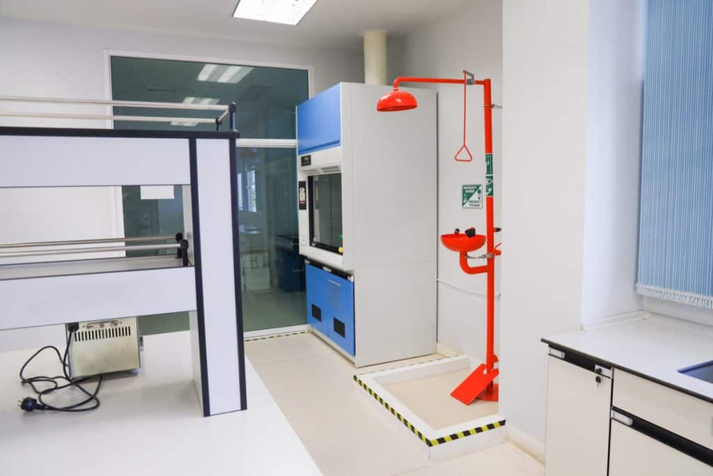 <p>Be aware of where the safety shower, eyewash station, fire extinguisher, and first aid kit are located.</p>