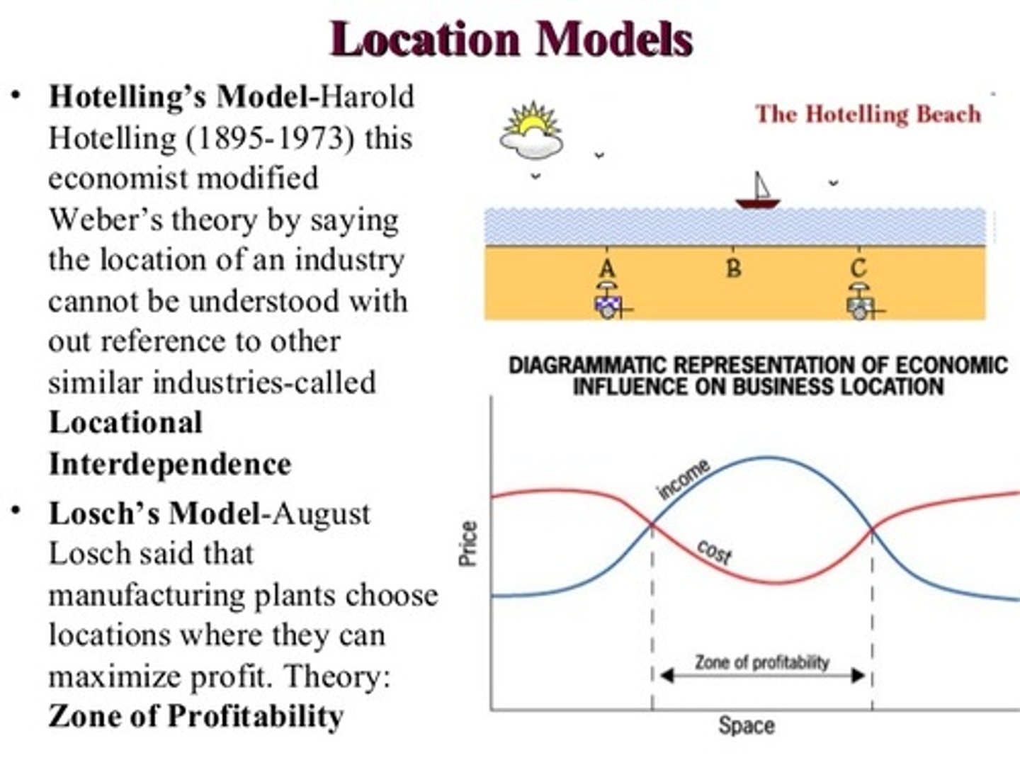 <p>developed a Locational Interdependence theory that suggests competitors, in trying to maximize sales, will seek to constrain each other's territory as much as possible which will therefore lead them to locate adjacent to one another in the middle of their collective customer base.</p>