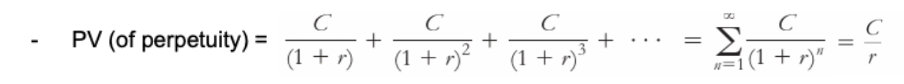 <p>A stream of equal cash flows that occurs at regular intervals and lasts forever. The first payment is given at the end of the first period and provides a bond payment of C.&nbsp;</p>