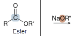 <p>What is the product of the reaction between an ester and NaOR'“?</p>