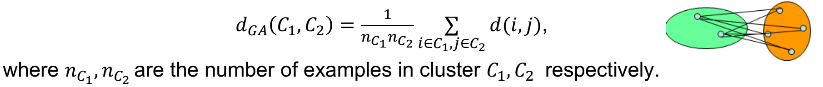 Average of distances between members of the two clusters