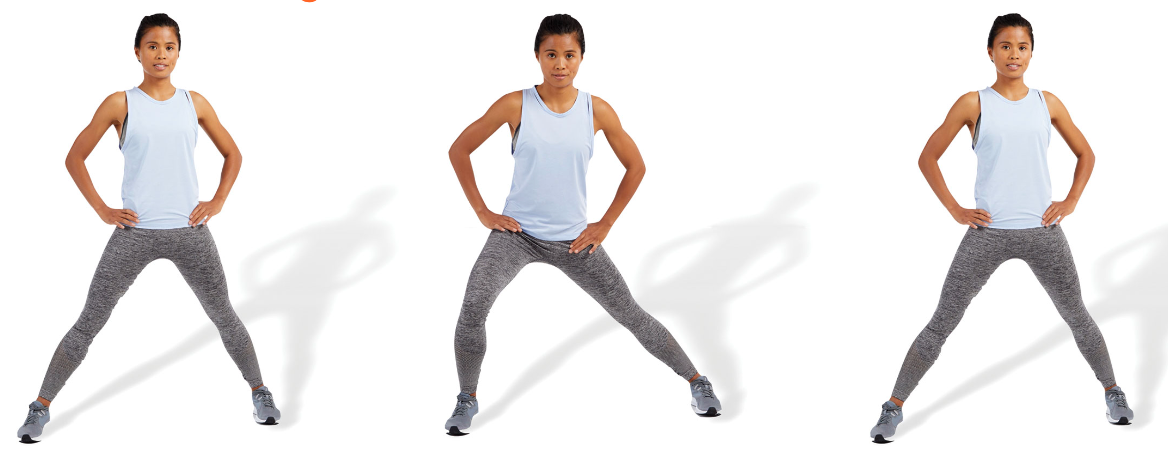 stand with legs spread apart and shift weight to one side (lateral lunge position) until a stretch is felt in the inner thigh area

posteriorly rotate the pelvis and draw in the abdominals when performing this stretch

repeat for the desired number of repetitions