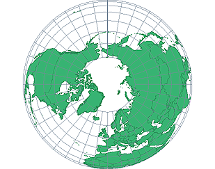 <ul><li><p>Azimuthal projection</p></li><li><p>Provides a view of Earth as it appears in space</p></li><li><p>Not possible to show more than one hemisphere</p></li></ul><p></p>