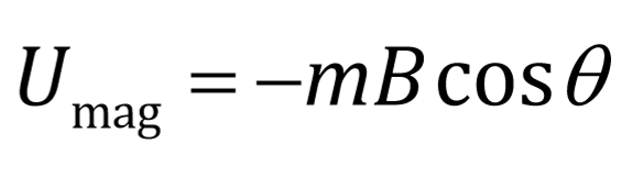 <p>theta is the angle between the magnetic dipole moment and magnetic field vectors</p><p></p><p>the minimum potential energy is when theta = 0 degrees </p><p>-cos(0) = -1, U = -mB </p><p></p><p>the maximum potential energy is when theta = 180 degrees </p><p>-cos(180) = 1, U = mB</p>
