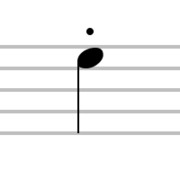 <p>a dot over or under a note indicating to perform it as a short, detached sound</p>
