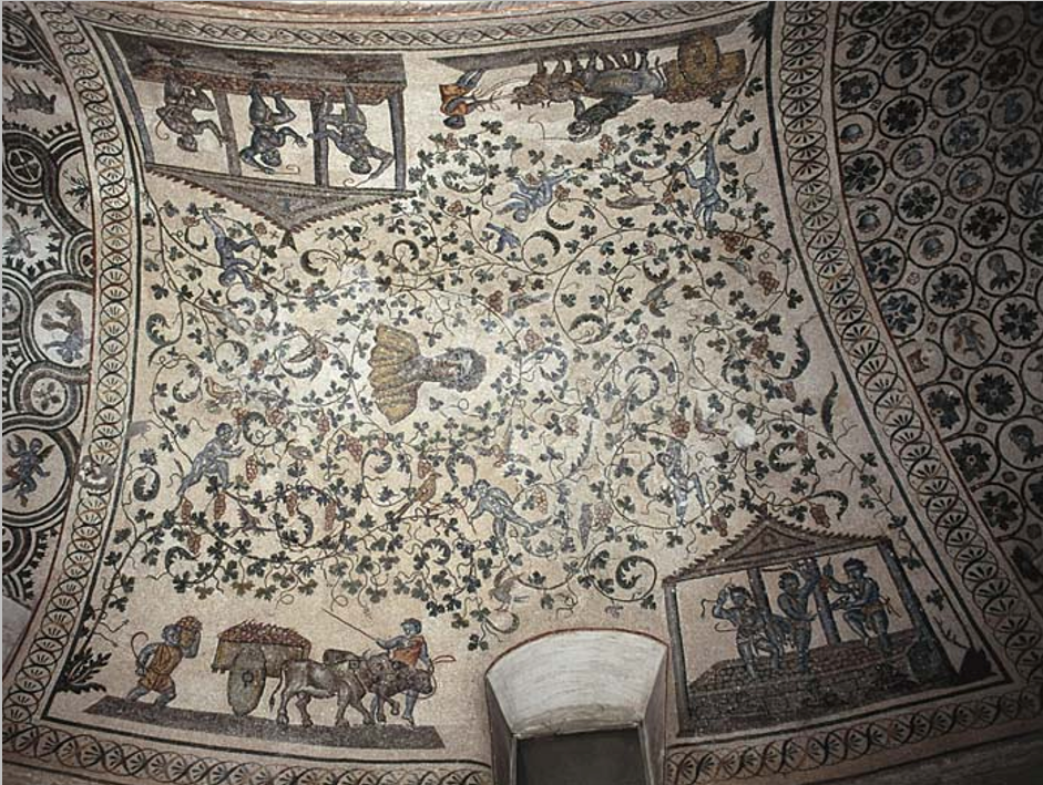 <ul><li><p>Mosaics of Santa Costanza show the harvesting of grapes, the making of wine. Evoking the Eucharist and the blood of Christ</p></li></ul><p></p>