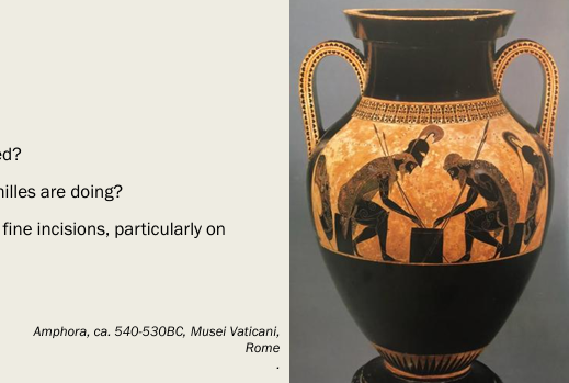 <p>Beginning of 6th century BC</p><p>Consisted of painting figures with slip (watered down clay) that would turn black when the vase was fired</p><ul><li><p>artists then incised details (such as hair, facial features, folds, and patterns in garments) onto the figures as well as paint (white paint —&gt; women’s skin, red paint —&gt; garments)</p></li><li><p>Mythology popular subject to depict on vases, patterns used to frame central scene</p></li></ul><p>Ex. Attic black-figure amphora - Ajax and Achilles </p><ul><li><p>amphora (string honey, oliva oil, water, wine, trophies)</p></li><li><p>spotlight effect</p></li></ul><p></p>
