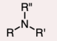 <p>the nitrogen atom is bonded to three R groups</p>