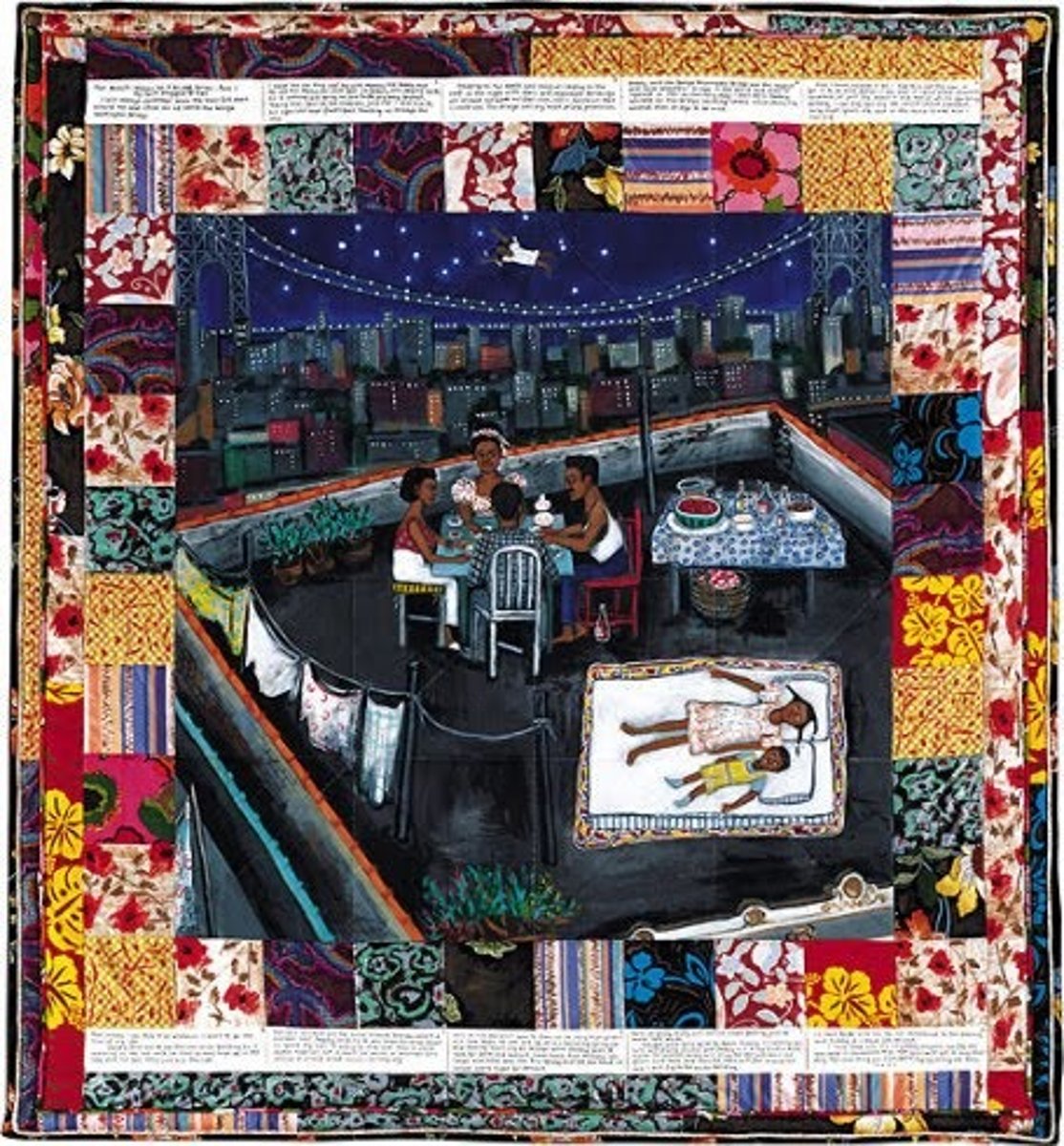 <p>Part of the Woman on a Bridge series, this quilt shows 8-year-old Cassie Lightfoot flying over Harlem, symbolizing freedom from poverty and racial barriers.</p>