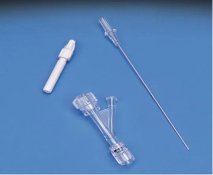 <p>(left) torque device/ steering tool. provide additional rotational force to catheter tip. middle - Y adapter/ Tuohy-Borst valve- creates a one way valve that prevents backflow in the valve mechanism, creates a channel for both wire and balloon to traverse. </p>