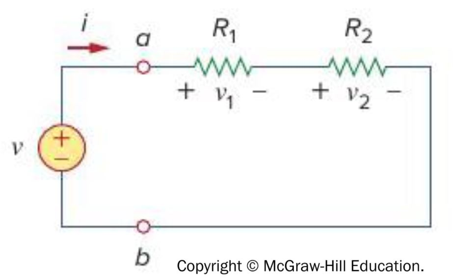 <p>In the given circuit, determine the formula that can be used to calculate the voltage in the circuit.</p><p>a. <em>v</em><span>&nbsp;=&nbsp;</span><em>i</em><span><em>&nbsp;(</em></span><em>R<sub>1</sub></em><span><em>&nbsp;+&nbsp;</em></span><em>R<sub>2</sub></em><span><em>)</em></span></p><p><span>b. </span><em>v</em><span>&nbsp;=&nbsp;<em>(R<sub>1 </sub>+ R<sub>2</sub>)/ i</em></span><br><span>c. </span><em>v</em><span> =&nbsp;(</span><em>R</em><sub>1</sub><span> + </span><em>R</em><sub>2</sub><span>)&nbsp;–&nbsp;</span><em>i</em></p><p>d. <em>v</em>&nbsp;=&nbsp;<em>i /(R<sub>1 </sub>+ R<sub>2</sub>)</em></p>