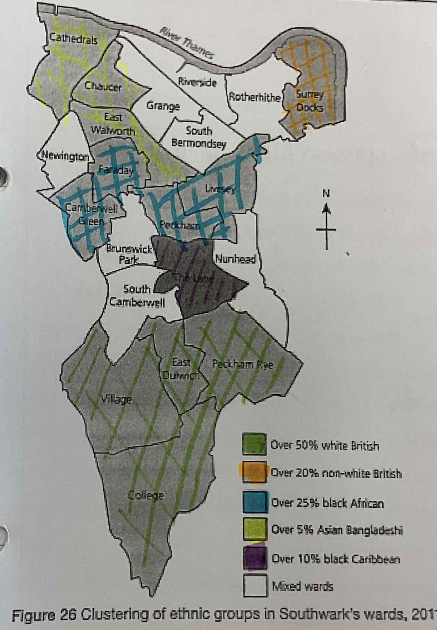 <ul><li><p>certain wards have higher-than-expected levels of concentrations of ethnic minorities </p></li><li><p>Riverside bought by wealthy European migrants </p></li><li><p>Wealthier white British people live in Southern wards</p></li><li><p>Lower income ethnic groups live in areas with council housing</p></li><li><p>10% of its residents change each year </p></li><li><p>Diversity changing rapidly </p></li><li><p>High fertility rates due to immigration population </p></li></ul>