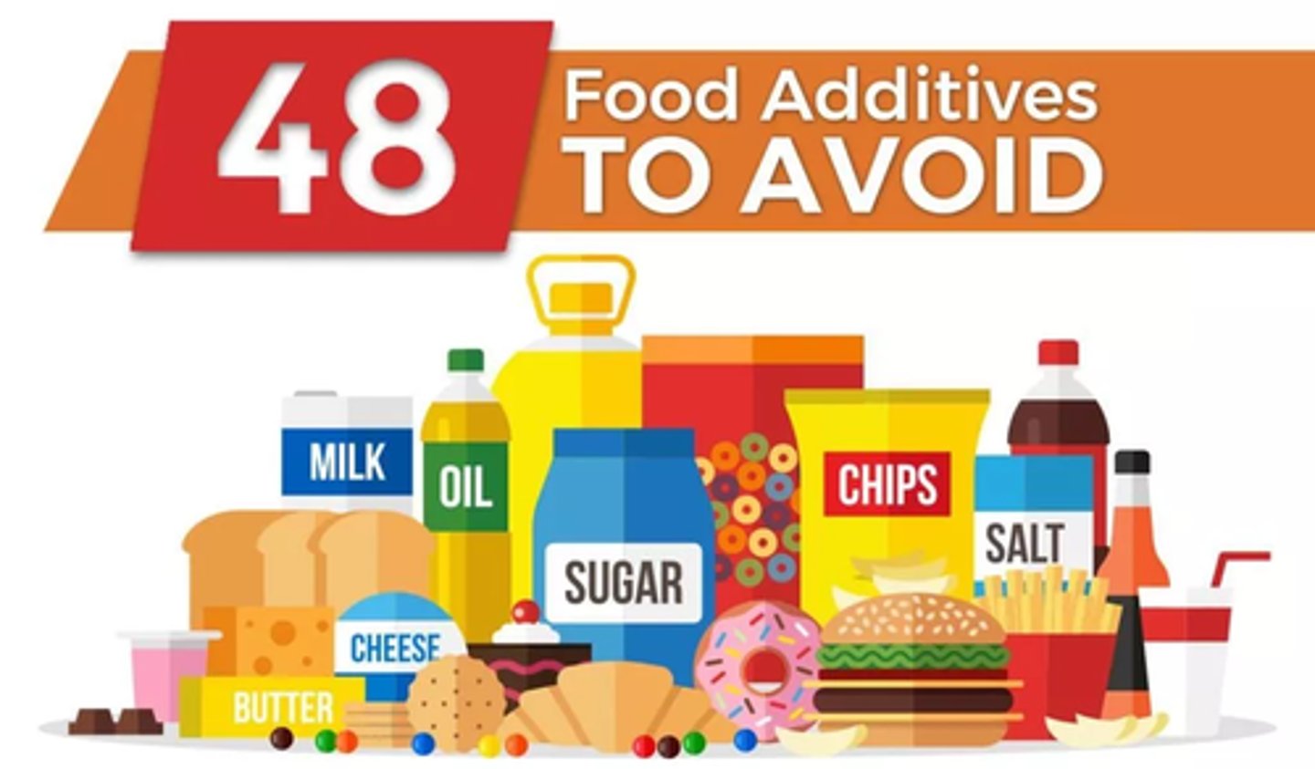 <p>Containing many artificial substances used to improve food.</p><p>• IELTS EX: Many packaged foods are full of additives that can harm long-term health.</p>