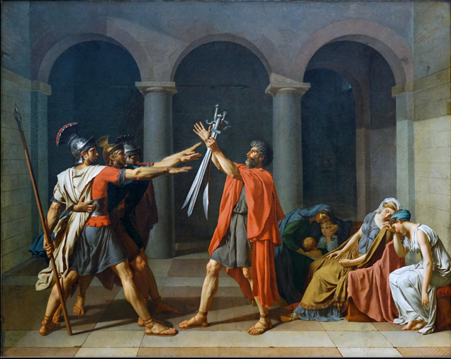 <p>Jacques-Louis David, Oath of the Horatii, 1784, oil on canvas, 3.3 × 4.25 m</p><p></p><p>What are the piece’s form, function, content, and context?</p>
