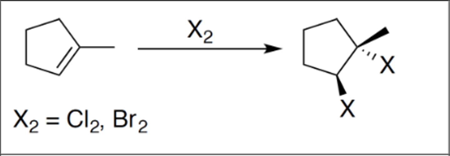 <p>Carbocation: no</p><p>Regiochemistry: N/A</p><p>Stereoselectivity: anti</p><p>Reagent(s): X2 = Cl2 or Br2</p><p>- Anti addition of X to either side of alkene</p><p>KNOW MECHANISM</p>
