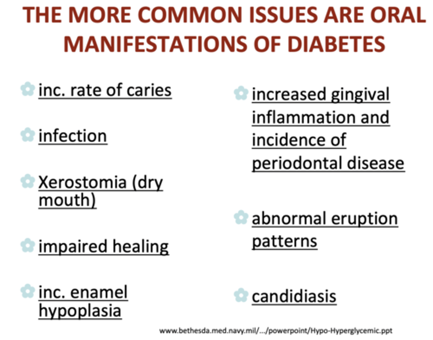 <p>- Increased rate of caries</p><p>- Infection</p><p>- Xerostomia (dry mouth)</p><p>- Impaired healing</p><p>- Increased enamel hypoplasia</p><p>- Increased gingival inflammation and incidence of periodontal disease</p><p>- Abnormal eruption patterns</p><p>- Candidiasis</p>