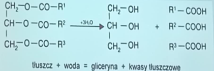 <p>podczas hydrolizy tłuszczów właściwych </p><p>tłuszcz+ woda= gliceryna + kwasy tłuszczowe </p>