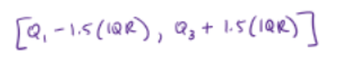 <ul><li><p>outliers fall OUTSIDE of this interval</p></li><li><p>can write it as the “usual interval of points”</p></li></ul><p></p>
