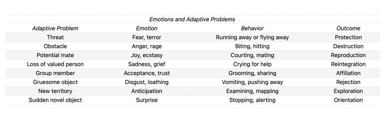 <ul><li><p>Examples of adaptive problems one may face, i.e. threat</p></li><li><p>Suggests that problems → emotion → behaviour → outcome</p><ul><li><p>Adaptive problems elicit emotions, i.e. fear</p></li><li><p>Emotions elicit behaviours, i.e. running away</p></li><li><p>Behaviours lead to outcomes i.e. protection from danger</p></li></ul></li></ul>