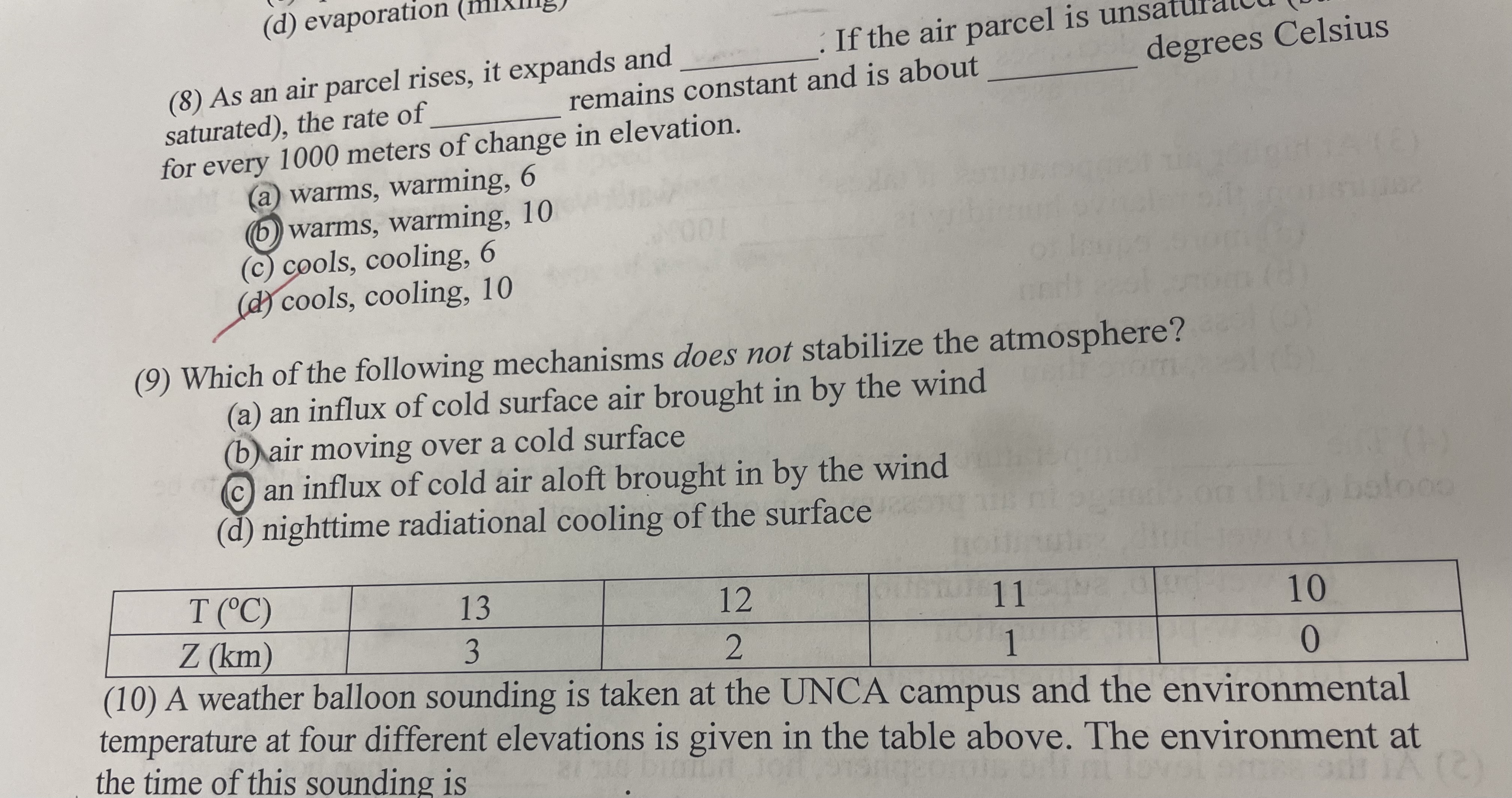 <p>A weather balloon is taken at the UNCA campus and the environmental temperature at four different elevations is given in the table above. The environment at the time of this sounding is _________</p>