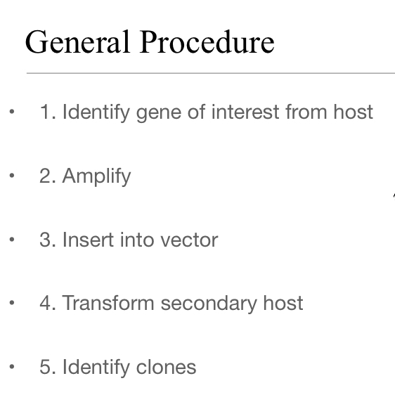 <ol><li><p>Identify gene of interest from host</p></li><li><p>Amplify (PCR)</p></li><li><p>Insert into Vector</p></li><li><p>Transform secondary host</p></li><li><p>Identify clones</p></li></ol><p></p>