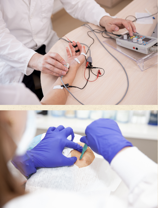 <ul><li><p><span>No ALS specific testing</span></p></li><li><p><span>Electromyography (EMG)</span></p></li><li><p><span>Muscle biopsy studies of affected muscles</span></p></li><li><p><span>MRI</span></p></li><li><p><span>Neuropsychological testing</span></p></li></ul><p><strong>**</strong><span><strong>EMG &amp; muscle biopsy studies of affected muscles - reduction in number of functioning motor units</strong></span></p><p><span><strong>**MRI - high signal intensity of corticospinal tracts</strong></span></p>