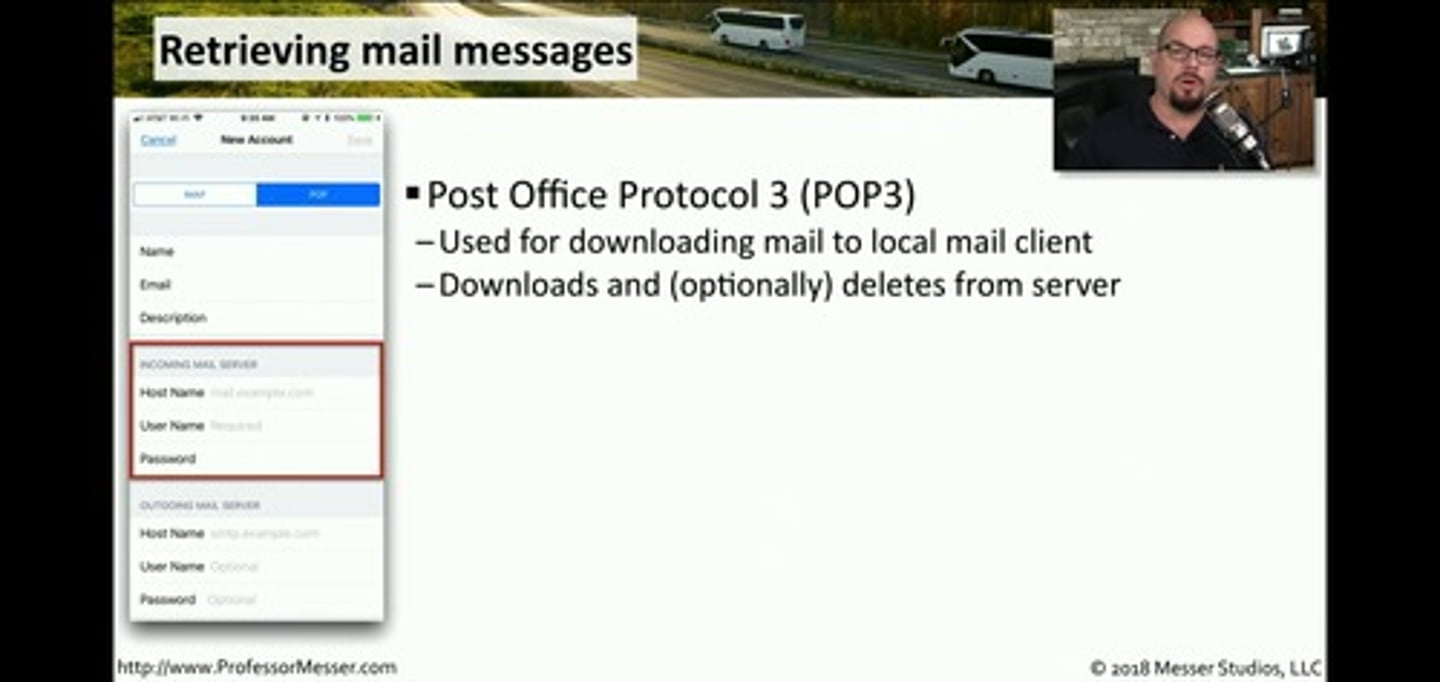 <p>*Post Office Protocol 3 (POP3)</p><p>• Used for downloading mail to local mail client</p><p>• Downloads and (optionally) deletes from server</p><p>*Configuration information</p><p>• Name of POP3 server</p><p>• Username and password</p><p>*Network ports</p><p>• Defined by your mail provider</p><p>• POP3: tcp/110</p><p>• SSL (Secure Socket Layer) settings - POP3S: tcp/995</p><p>*Internet Message Access Protocol (IMAP4)</p><p>• Access mail on a central server,</p><p>• Mail is usually stored on the server</p><p>• Supports folders and server-side searching</p><p>*Configuration information</p><p>• Name of IMAP server</p><p>• Username and password</p><p>*Network ports</p><p>• Defined by your mail provider</p><p>• IMAP: tcp/143</p><p>• SSL (Secure Socket Layer) settings - IMAPS: tcp/993</p>