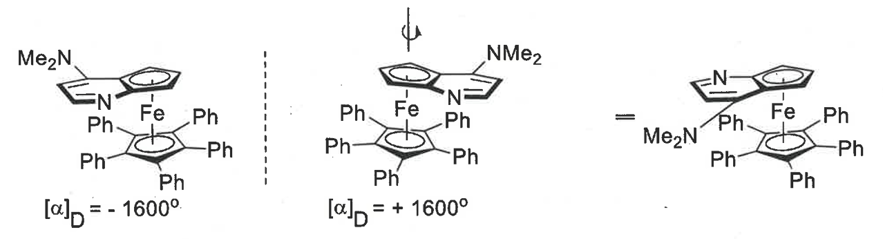 <p>features a planar system with a perpendicular substituent</p><p>flat ring above and below, Fe bond goes into middle of both rings - rings can spin around on metal axis</p><p>the bottom ring is symmetrical but the top ring is not</p>