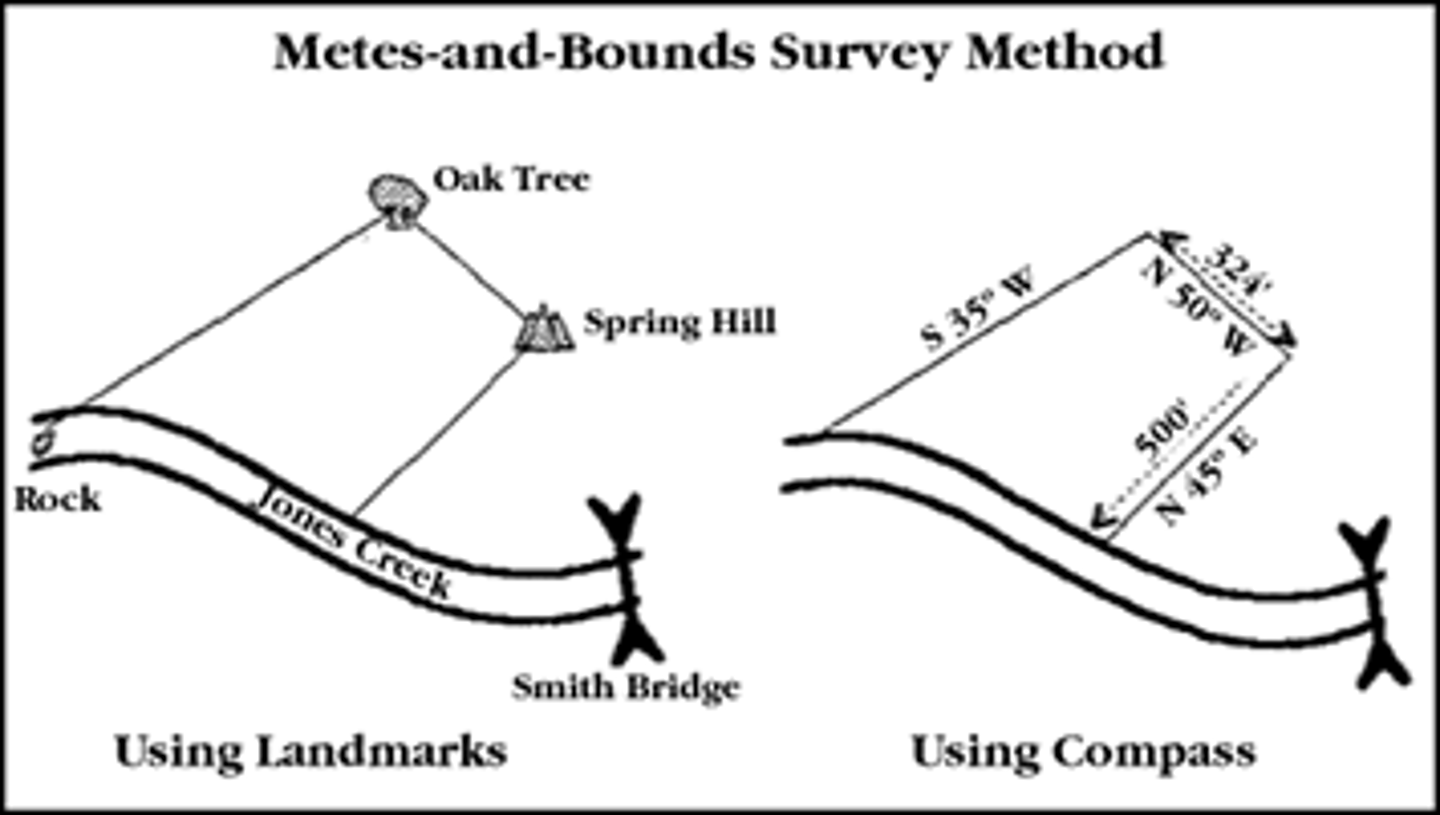 <p>a survey system originating in GB</p><p>-a property is described using straight runs (metes) and features of the natural landscape like stone walls or rivers (bounds)</p>