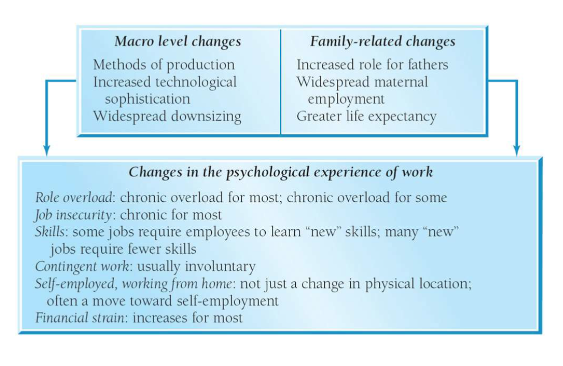 <p><span style="color: rgb(255, 255, 255);"><span>Understanding this conflict is a major role of I/O psychology<br>- Three topics that are research targets:</span></span></p><ol><li><p>Effect of work on family</p></li><li><p>Effect of family on work</p></li><li><p>Family-work interaction</p></li></ol><p><span style="color: rgb(255, 255, 255);"><span><br>- Three conceptual models offered to explain work-family relationships:</span></span></p><ol><li><p><u>Spillover model</u>: similarity btwn work/family environment; work exp has influence over outside work exp; work attitudes spill over to family</p></li><li><p><u>Compensation model</u>: inverse relationship btwn work &amp; family; individuals make differential investments in these settings</p></li><li><p><u>Segmentation model</u>: work/non-work are distinct; no influence from one to the other</p></li></ol><p><span style="color: rgb(255, 255, 255);"><span><br>- Other findings:</span></span></p><ul><li><p>Work &amp; family affect each other; are independent; are intertwined; overlap</p></li><li><p>Relationship btwn work &amp; family changes; difference btwn families</p></li><li><p>2/3 of new workers female; ¾ of them eventually pregnant, sandwich generation; men have 60% spouses who work&nbsp;</p></li></ul><p><span style="color: rgb(255, 255, 255);"><span><br>- Ways to reduce work-home conflict</span></span></p><ul><li><p>Additional skills besides time management</p></li><li><p>Accommodations to workers</p></li><li><p>Near-site childcare centers</p></li><li><p>Family leave</p></li></ul><p><span style="color: rgb(255, 255, 255);"><span><br>- Elder care is a growing concern</span></span></p>